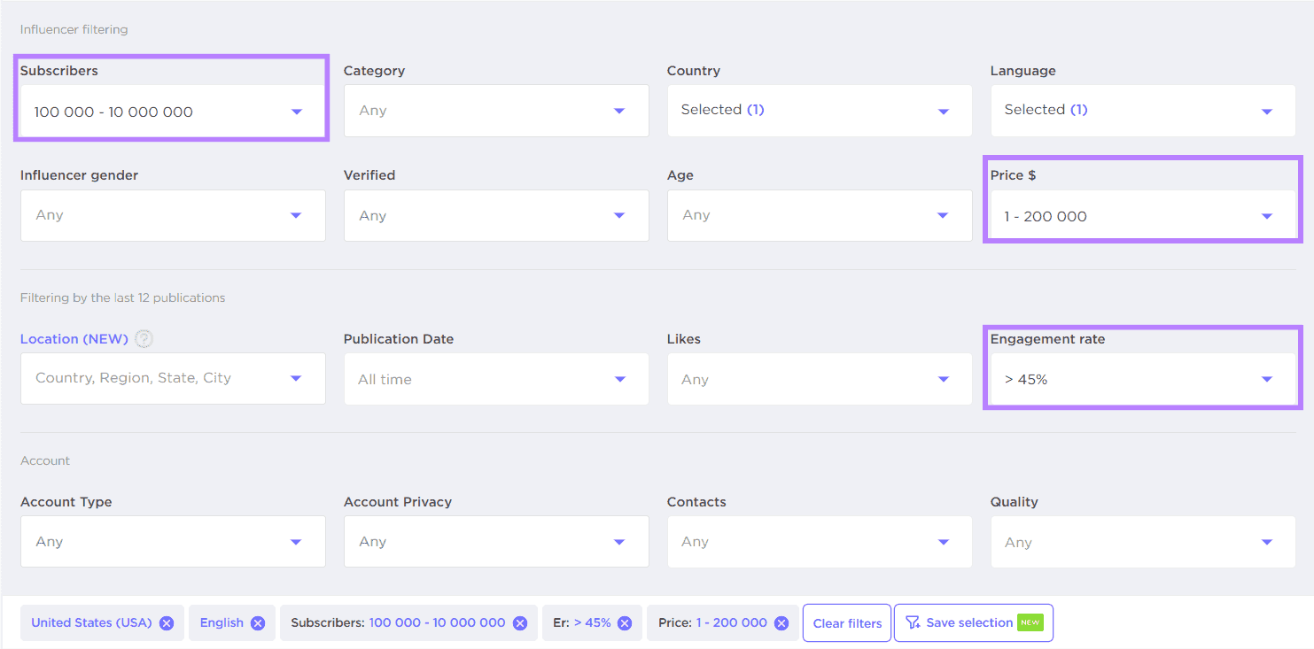 "Influencer filtering" page in BuzzGuru