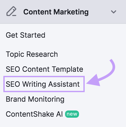 Navigating to "SEO Writing Assistant" in Semrush menu