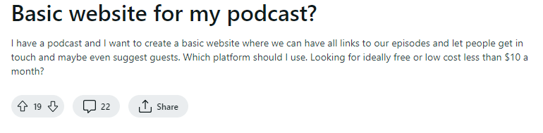 A question on Reddit about basic website for a podcast