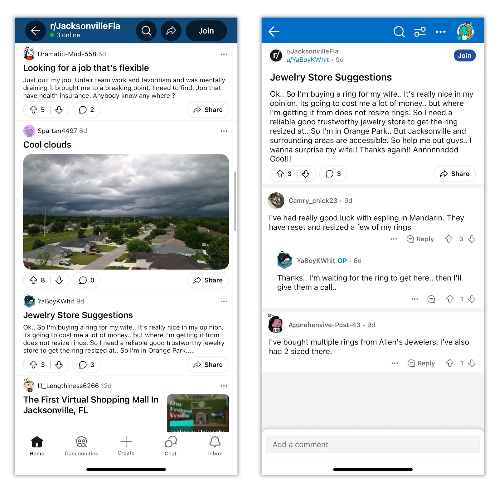 The JacksonvilleFla subreddit and a jewelry store post displayed side by side