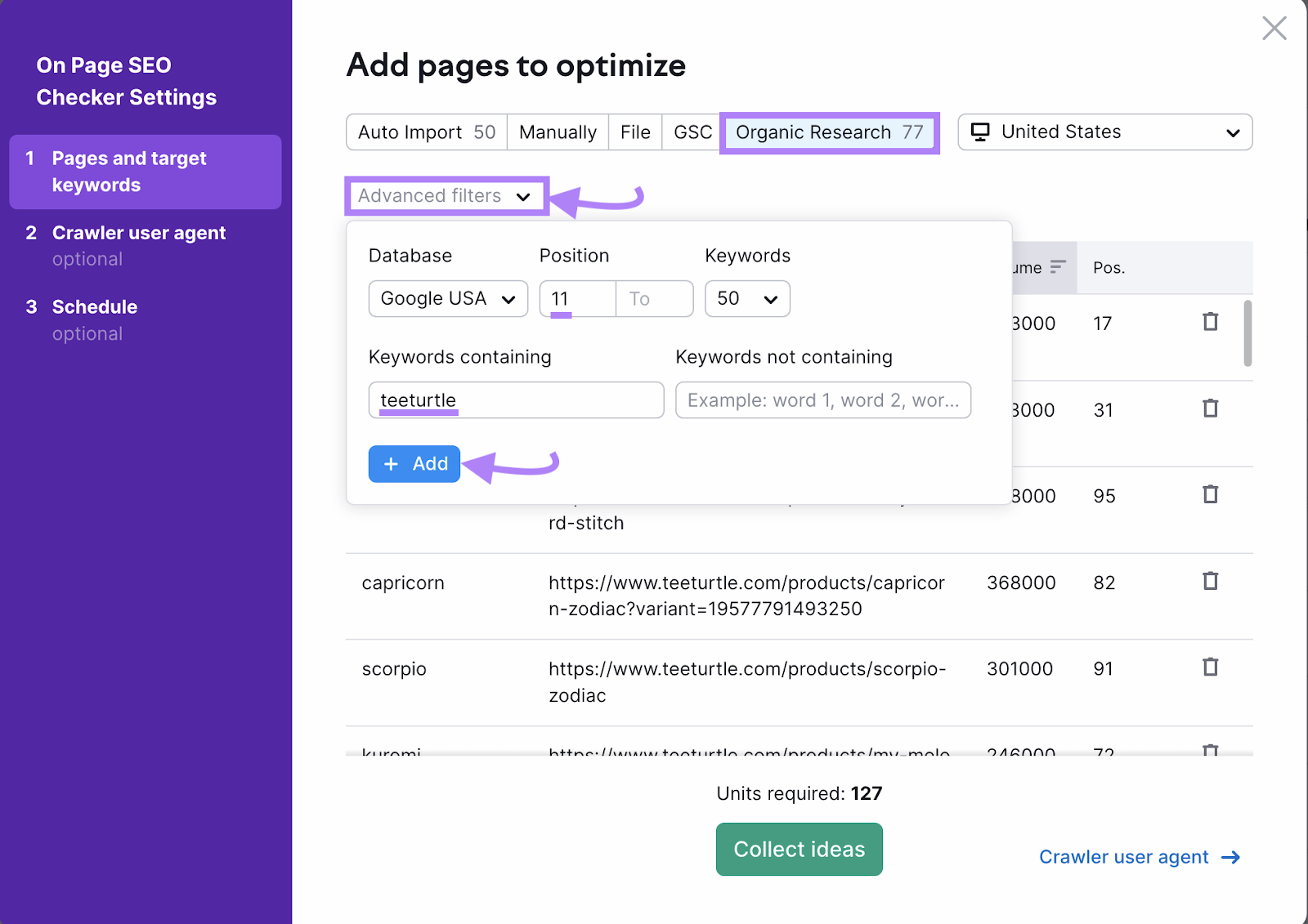 Application de « Filtres avancés » sous l'étape de configuration « Ajouter des pages à optimiser » dans On Page SEO Checker