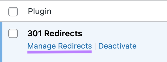 "Manage Redirects” highlighted in 301 Redirects plugin