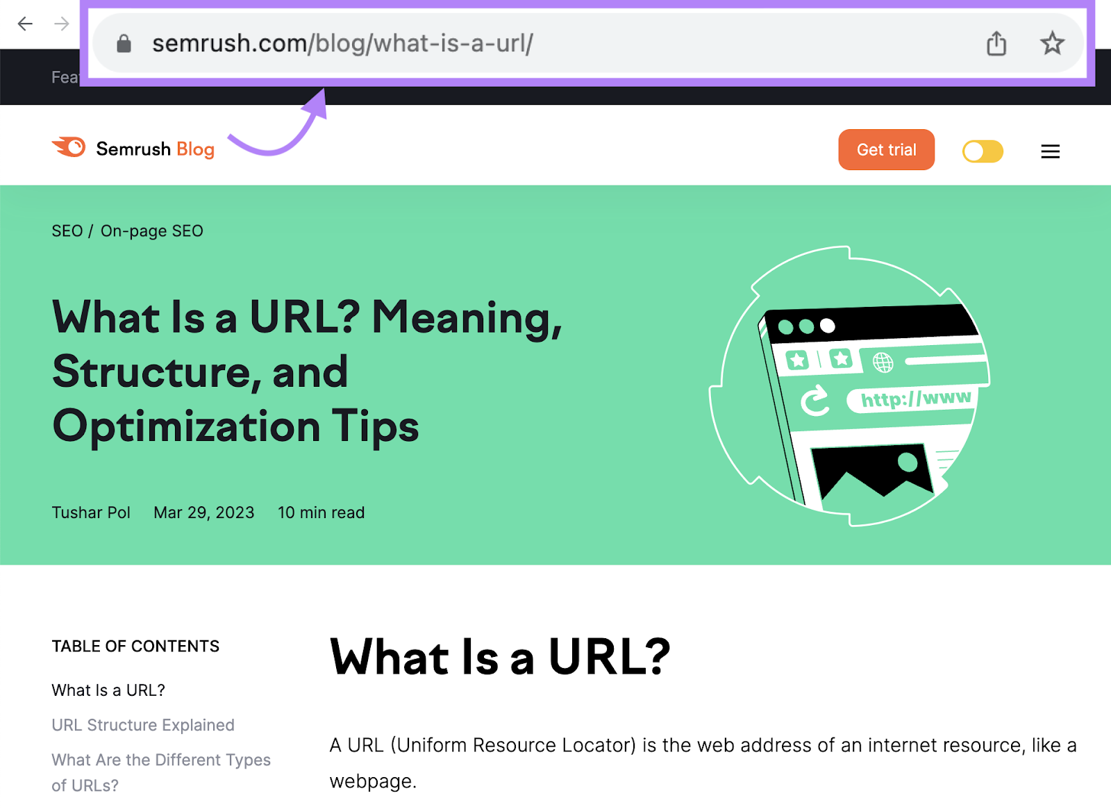 The URL for a blog post reads "semrush.com/blog/what-is-a-url/."