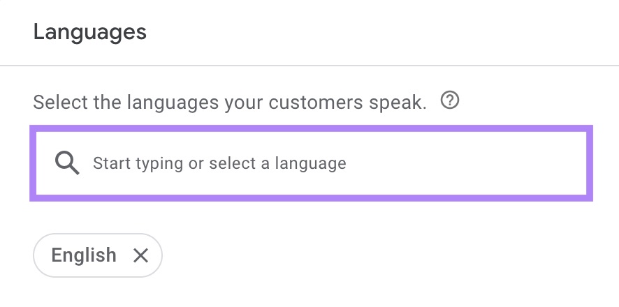 Language settings on Google Ads with the input box to select languages highlighted.