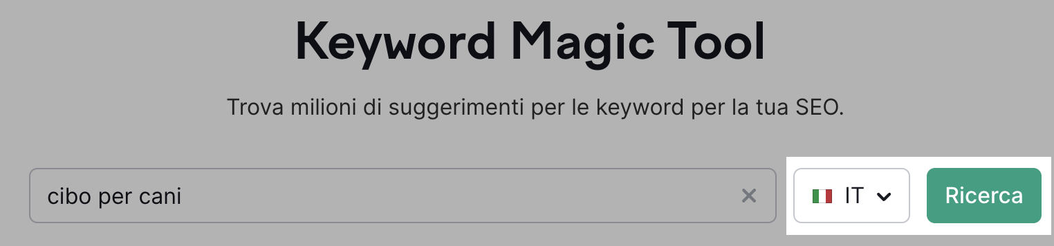 Impostare la località per la ricerca su Keyword Magic tool