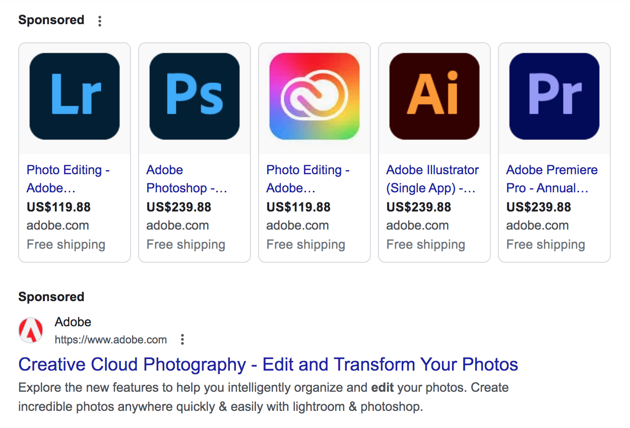 Google hunt  effect   for the keyword "photo editing software" showing a sponsered Adobe ad.