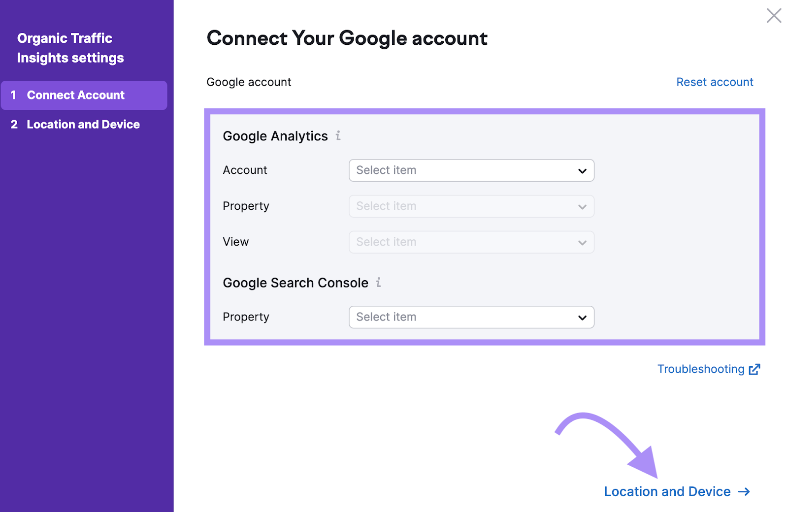 "Connect Your Google account" window in Organic Traffic Insights settings