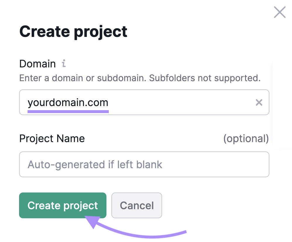 "Create project" window in the Backlink Audit tool