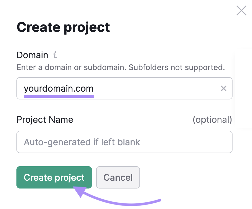 "Create project" model   successful  the Backlink Audit tool