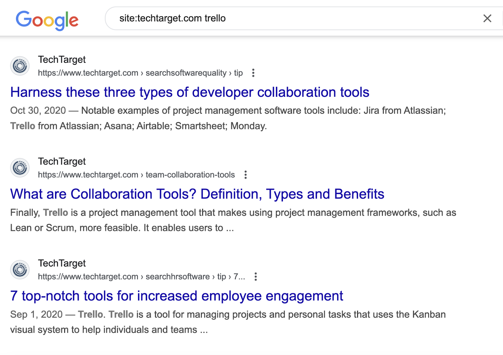 Search for "site:techtarget.com trello" shows a few articles where the brand is mentioned on that site.