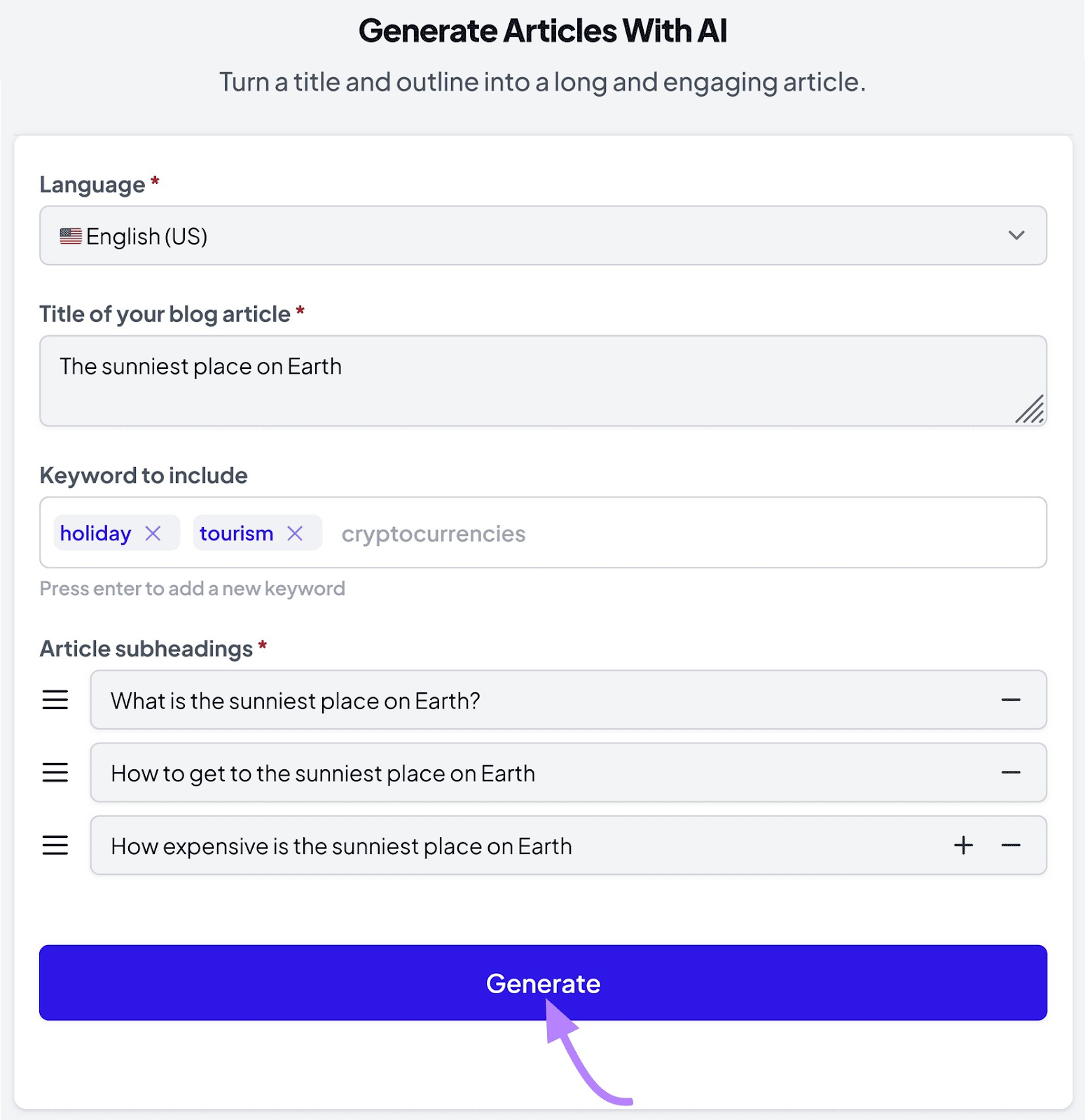 "Generate Articles With AI" window