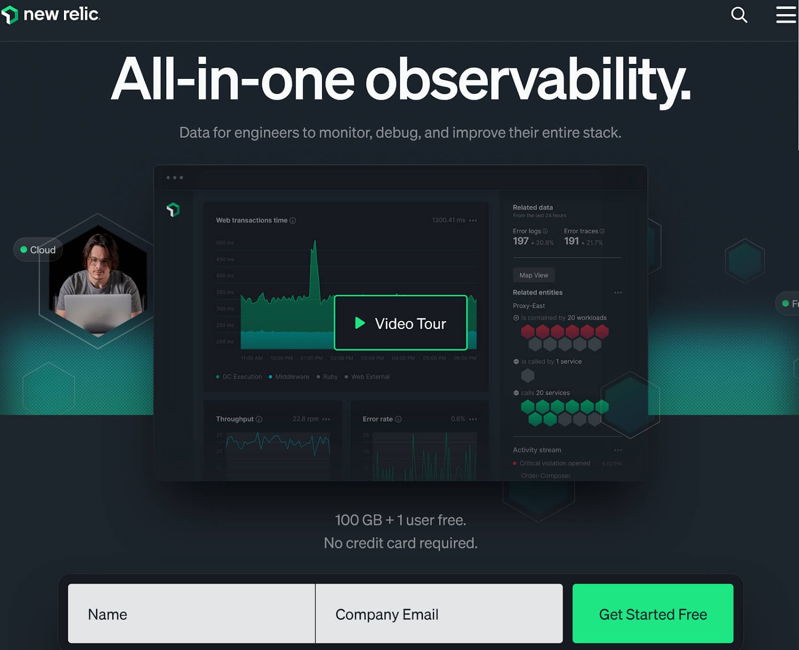 New Relic website promoting "All-in-one observability" with a "Get Started Free" button in the lower right.