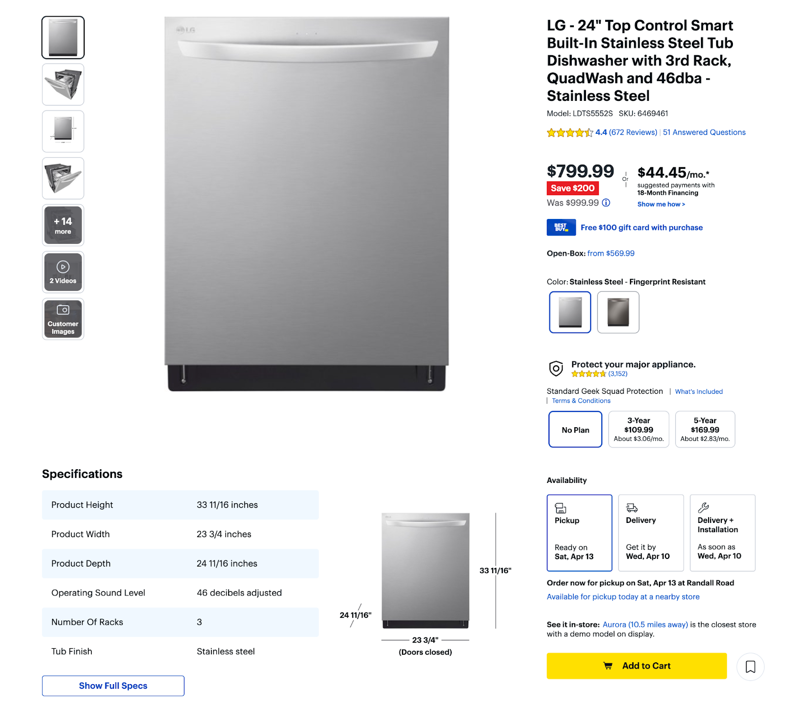 Best Buy merchandise  leafage   for built-in dishwasher detailing merchandise  info including specifications
