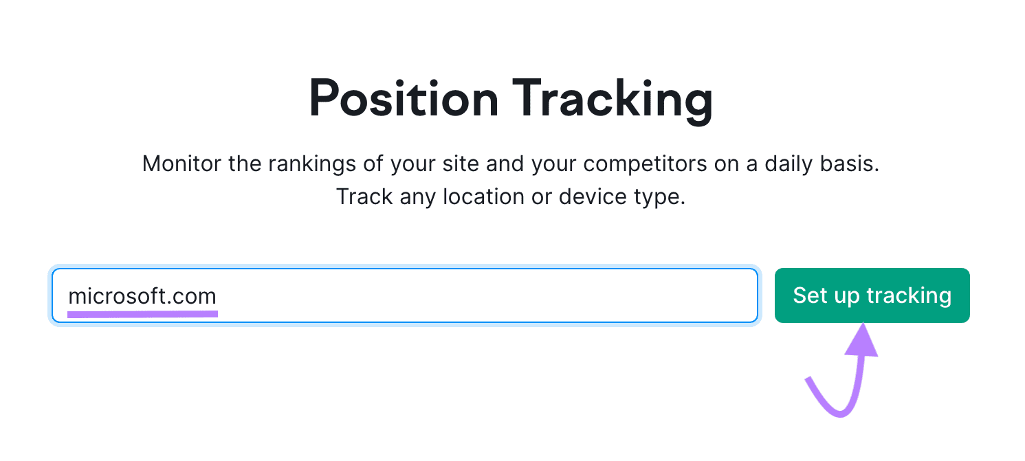 "microsoft.com" entered into Position Tracking tool search bar