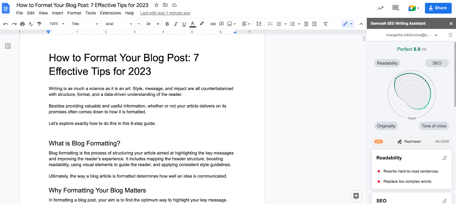 Formatting your blog post with SEO Writing Assistant