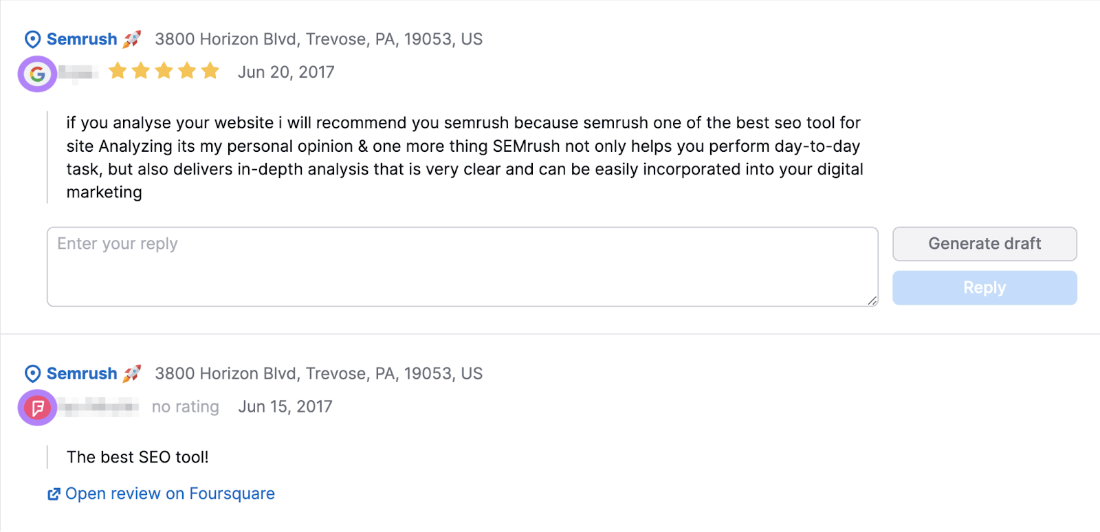 Reviews section in Review Management tool