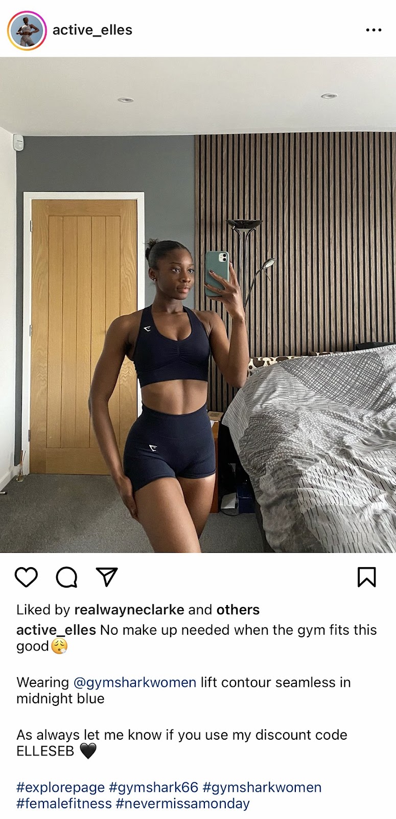 Instagram post showing an affiliate marketer taking a mirror selfie modeling gym wear, mentioning an affiliate code