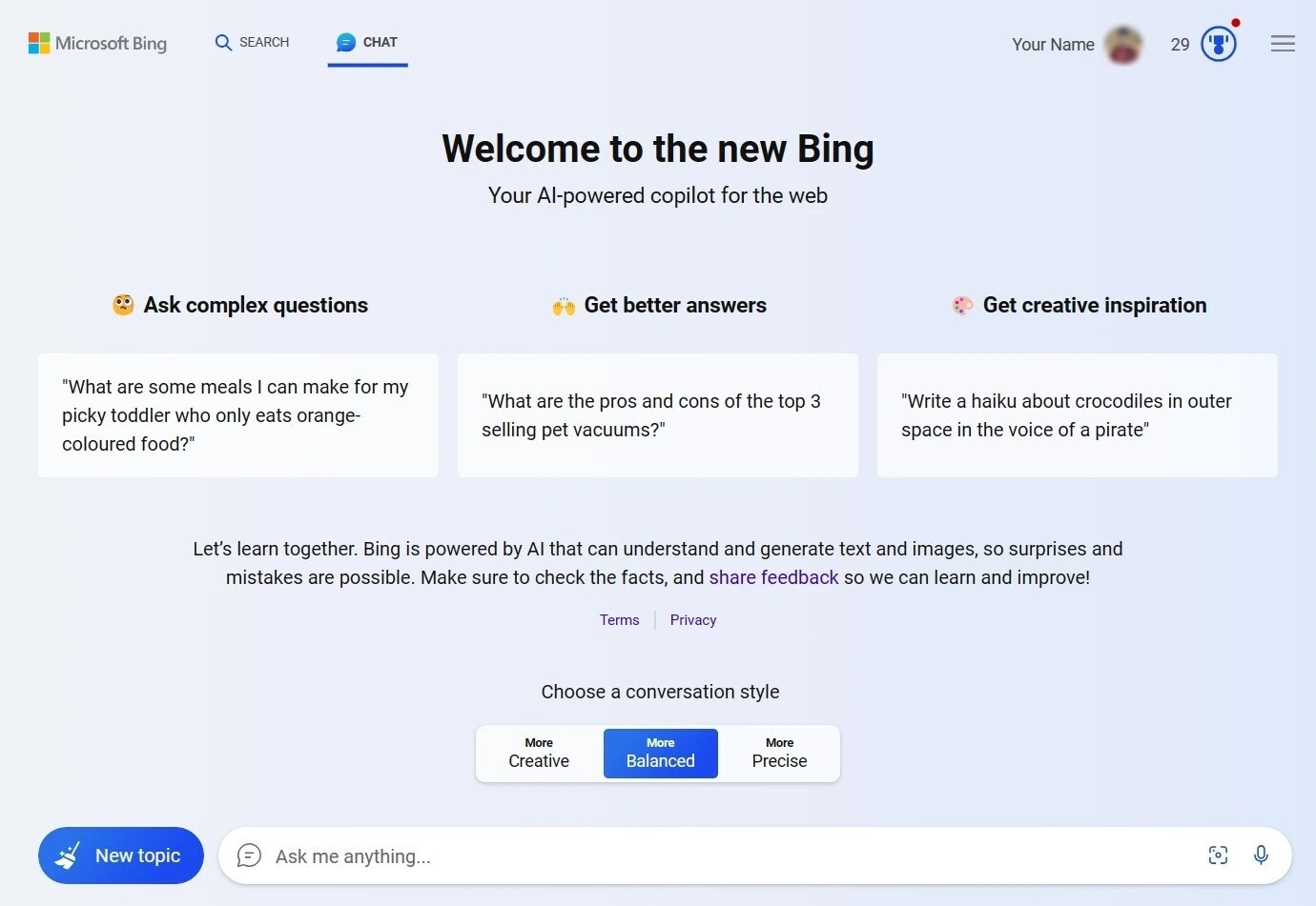 The interface for Bing's GPT-4 powered Chat