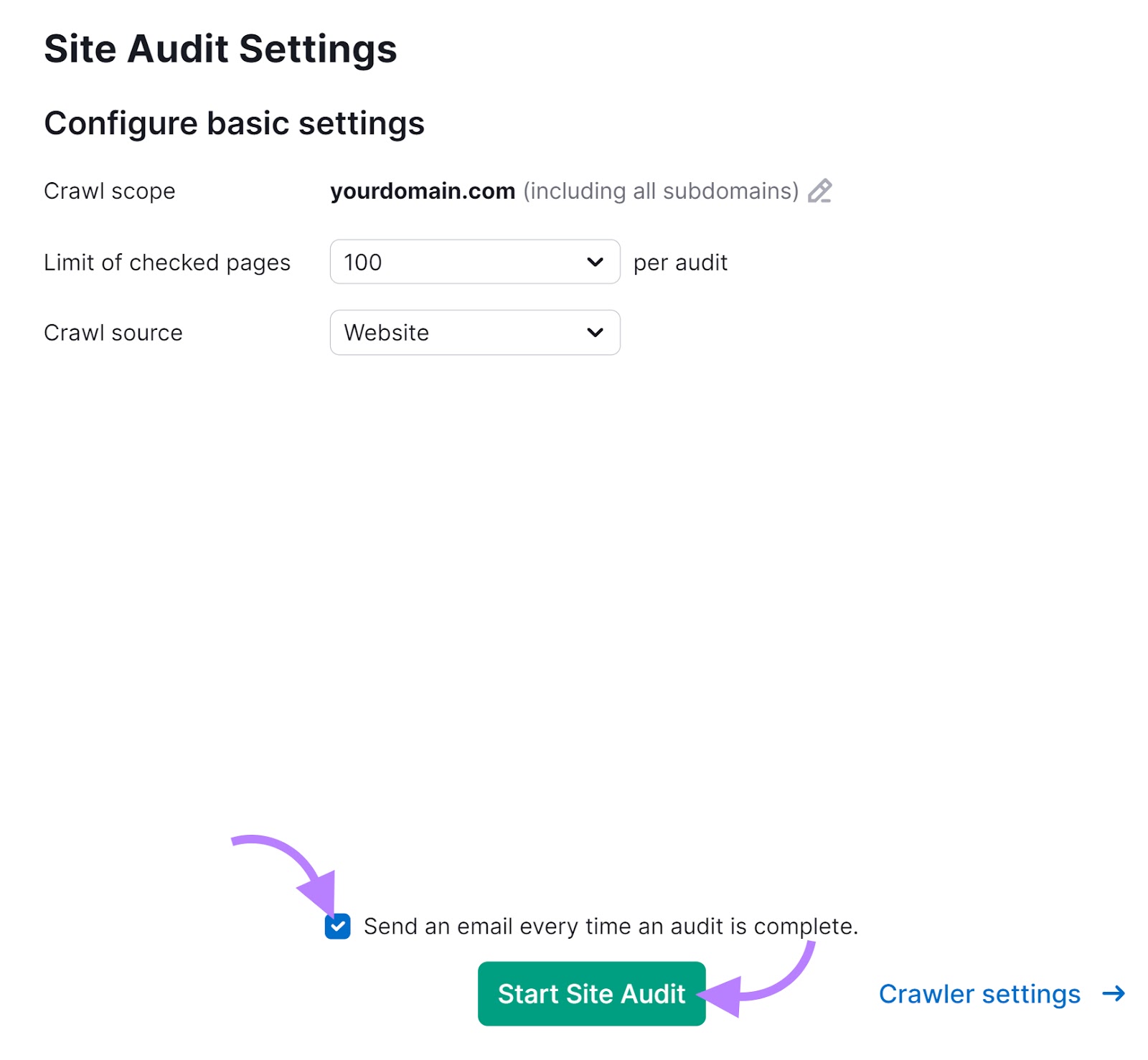 Site Audit Settings with arrows pointing to the email option checkbox and the "Start Site Audit" button.