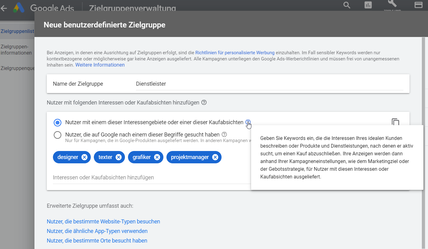 Zielgruppe benennen und Keywords eingeben