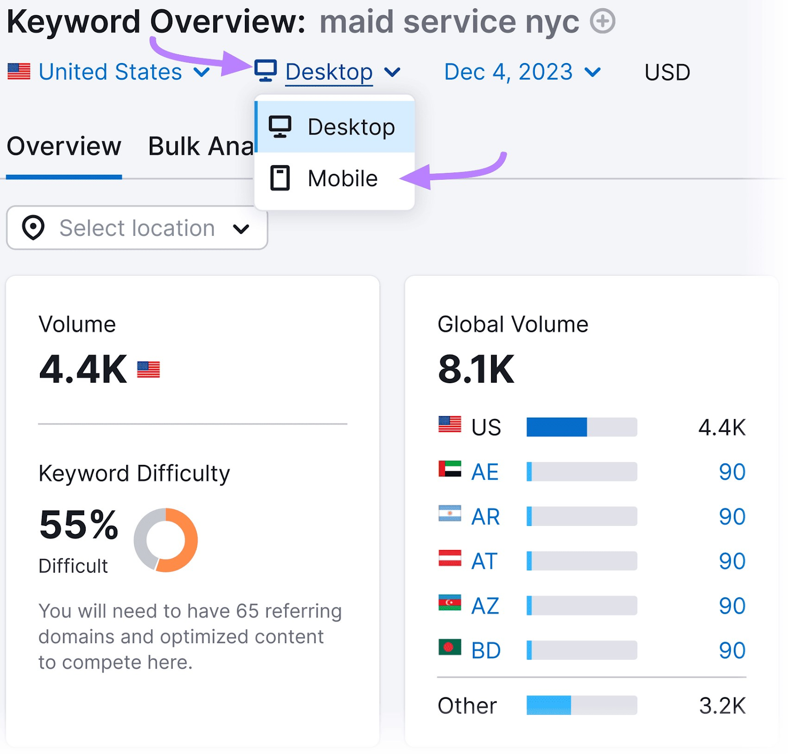 Switching results to "Mobile" in Keyword Overview tool