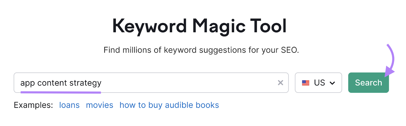 app content strategy is entered into keyword magic tool