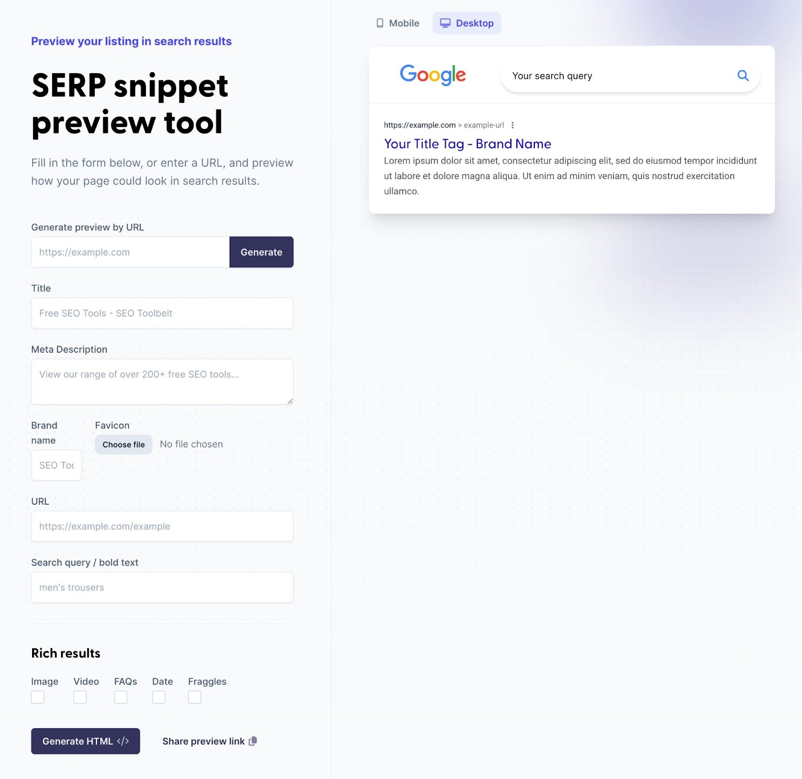 Desktop SERP preview in Toolbelt’s SERP snippet preview tool