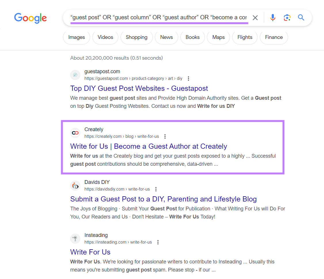 Google hunt results pinch Creately's "Write for Us" consequence highlighted