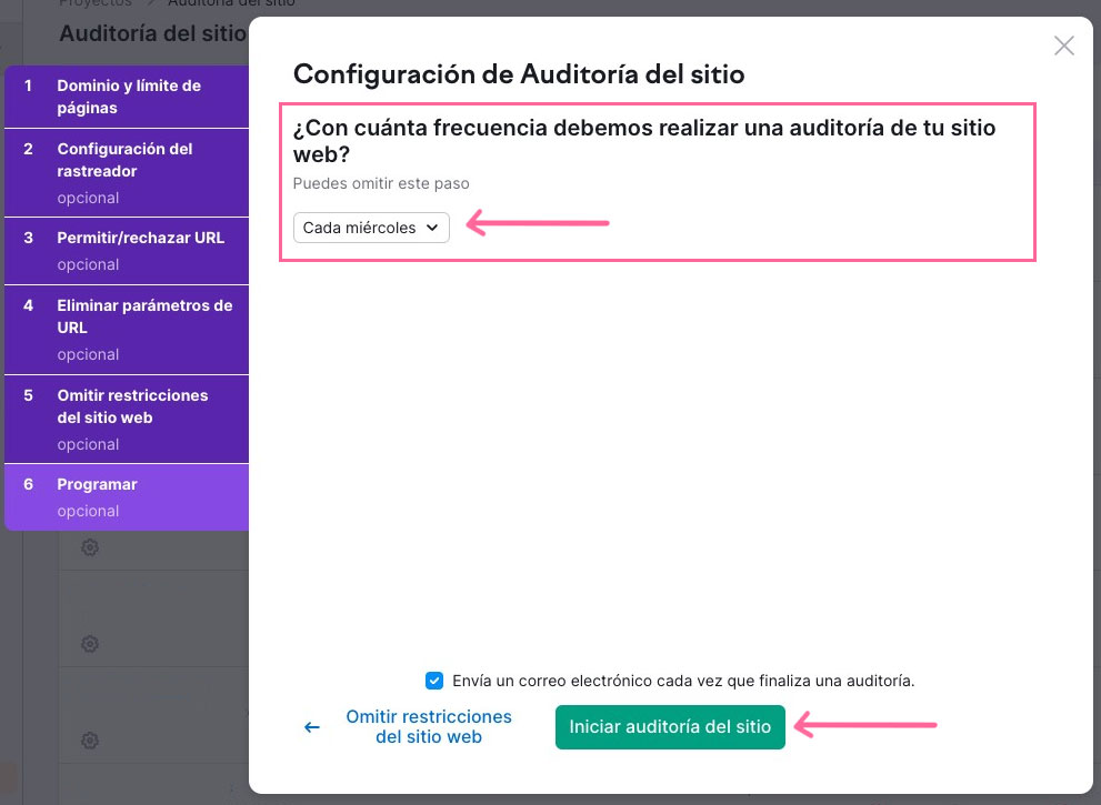 Programar la frecuencia de las auditorías con Semrush