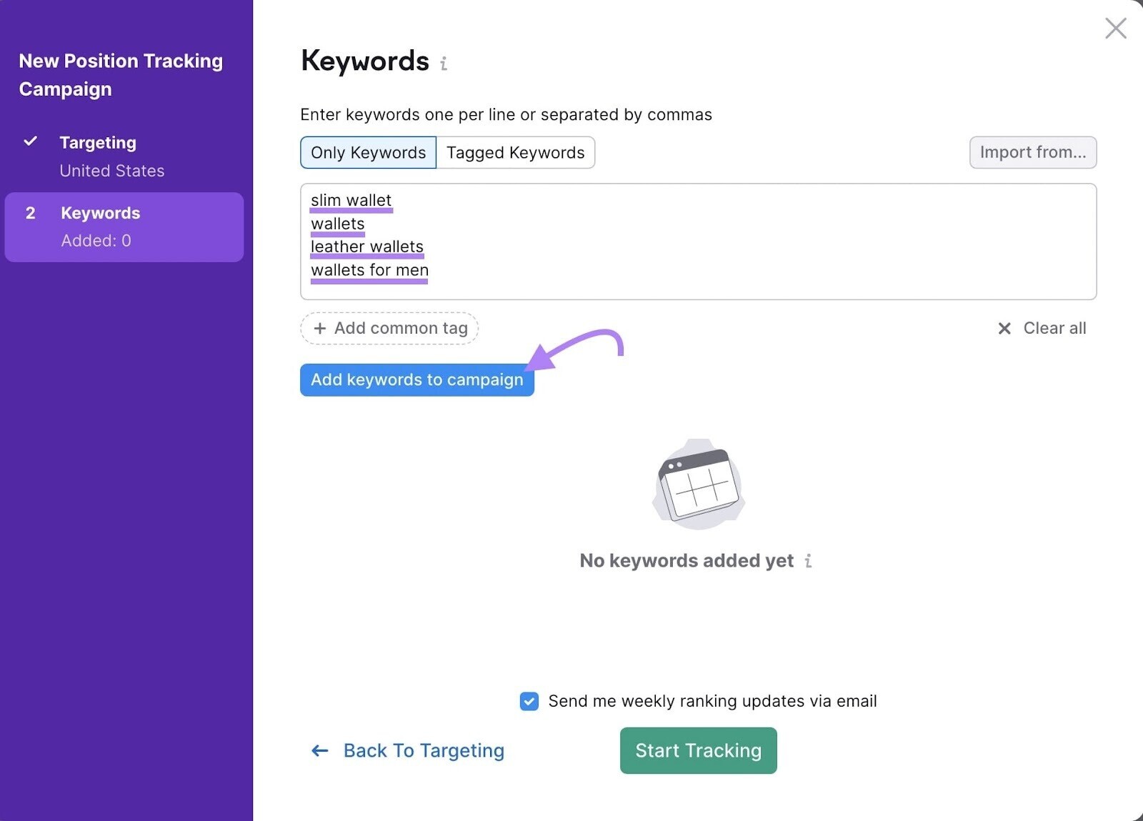 Add keywords to campaign in Position Tracking tool