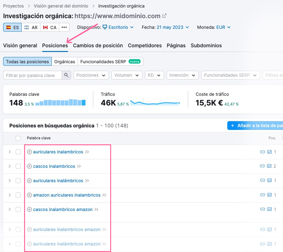 Pestaña de posiciones en investigación orgánica