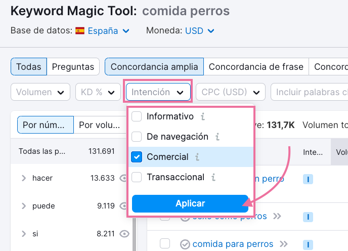 Selecciona la intención "Comercial" en el informe