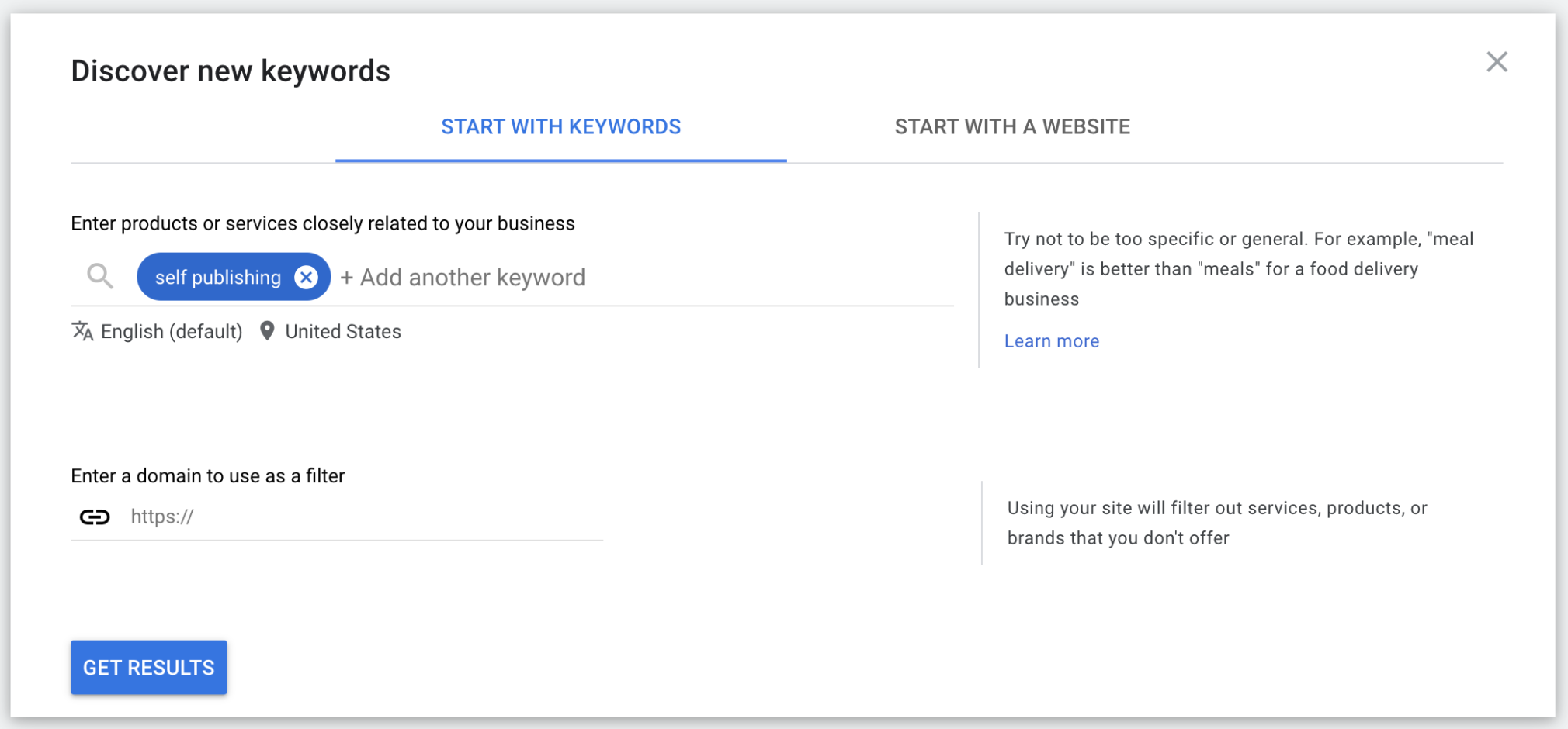 Finding keywords with the keyword planner tool