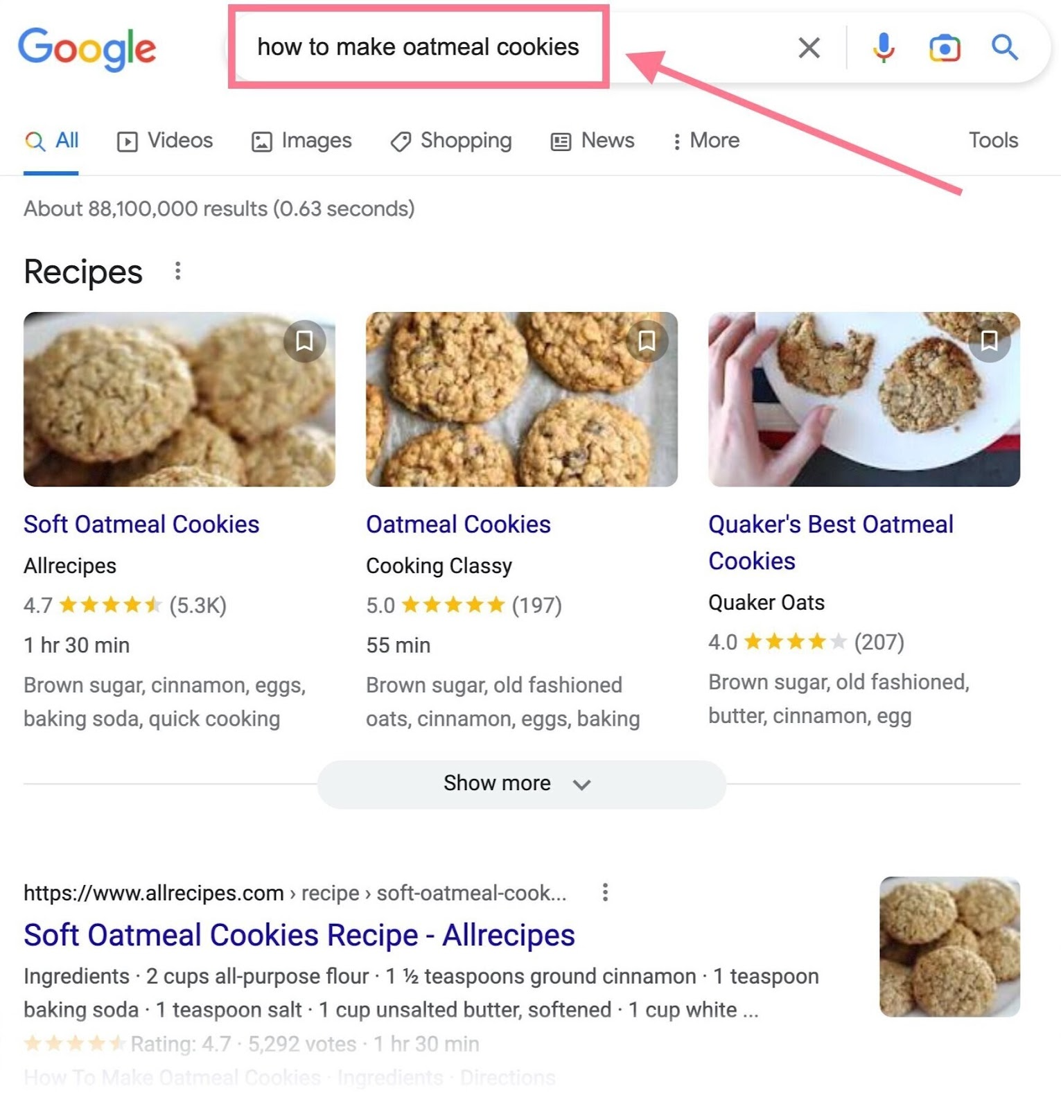 The search results for “how to make oatmeal cookies”