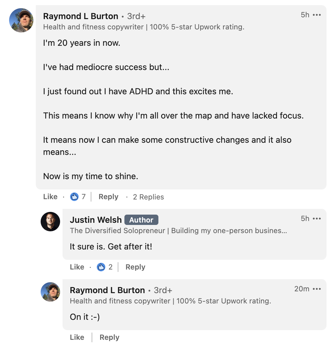 Justin Welsh's response to a comment on LinkedIn