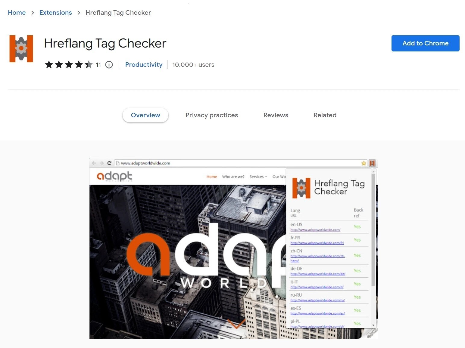 Chrome store page for Hreflang Tag Checker