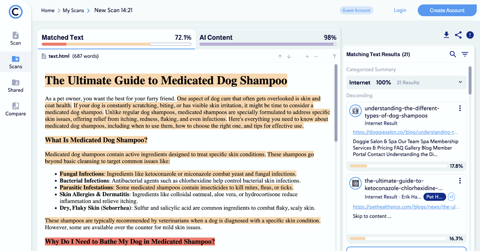 Copyleaks plagiarism checker color codes text based on the severity of matching text and what percentage is AI content.