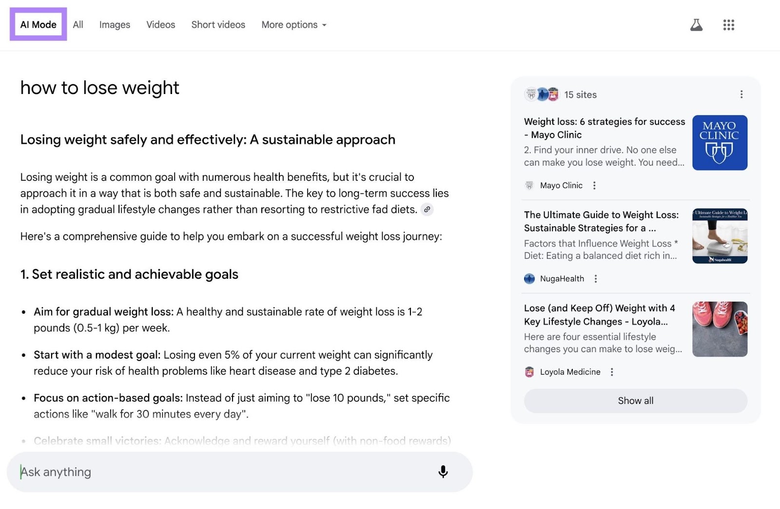 An AI-generated answer for the query "how to lose weight" on Google's AI Mode.