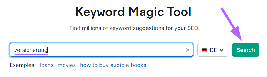 Keyword Magic Tool mit "Versicherung" in der Suchleiste und hervorgehobenem "Suchen"-Button