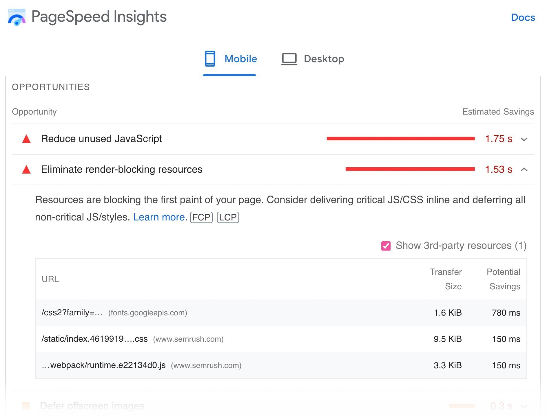 page speed insights tool mobile opportunities