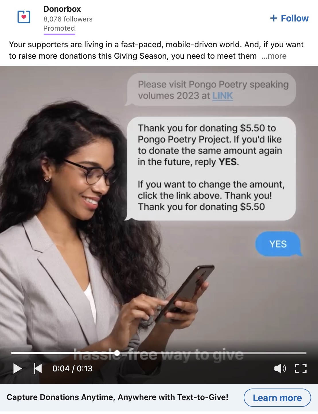 Video ad on LinkedIn by Donorbox with the "Promoted" tag highlighted.