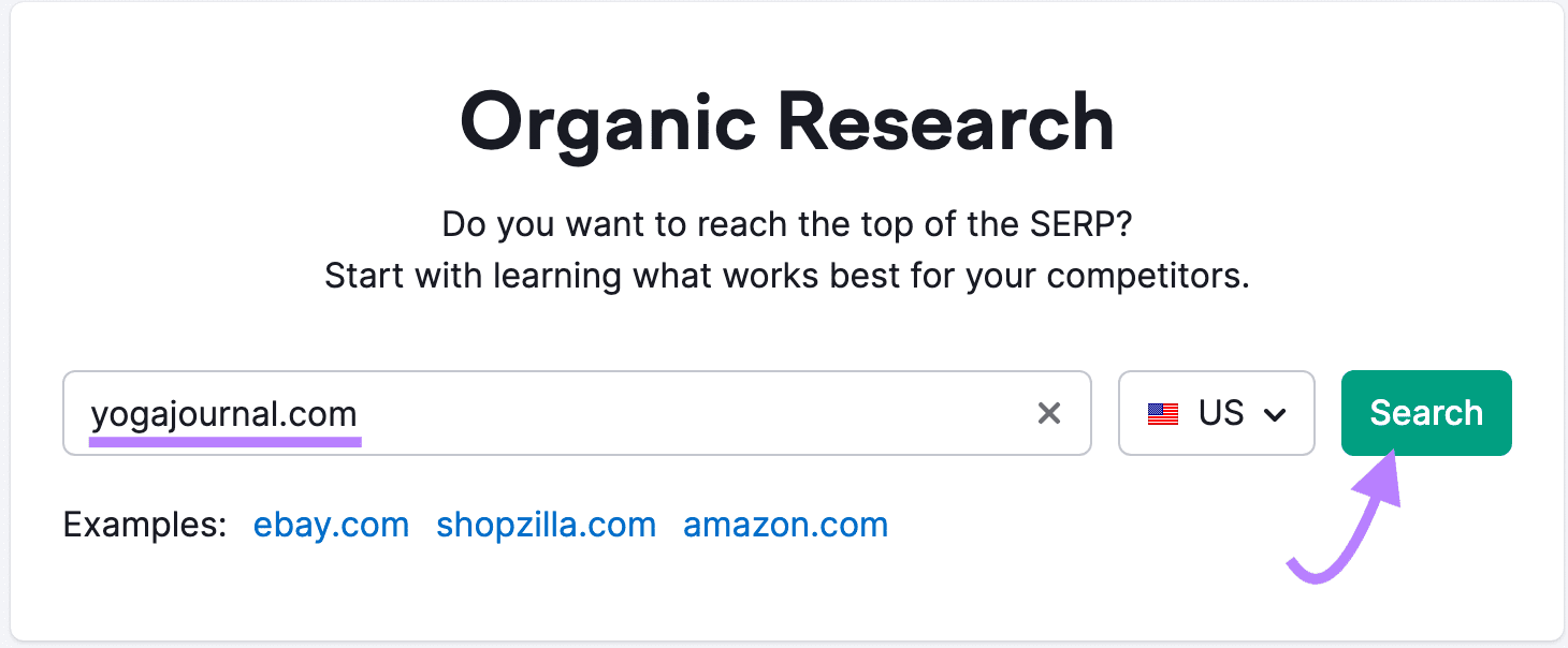 "yogajournal.com" entered into Organic Research search bar