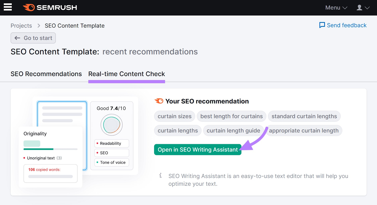 “Real-time Content Check” and “Open in SEO Writing Assistant” highlighted