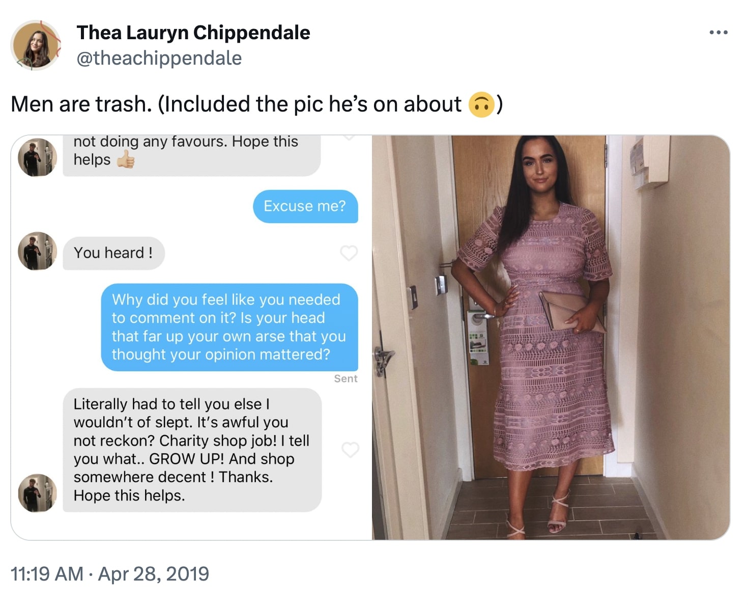 Thea Lauryn Chippendale's post on X with screenshot of Tinder conversation and image of her in ASOS dress