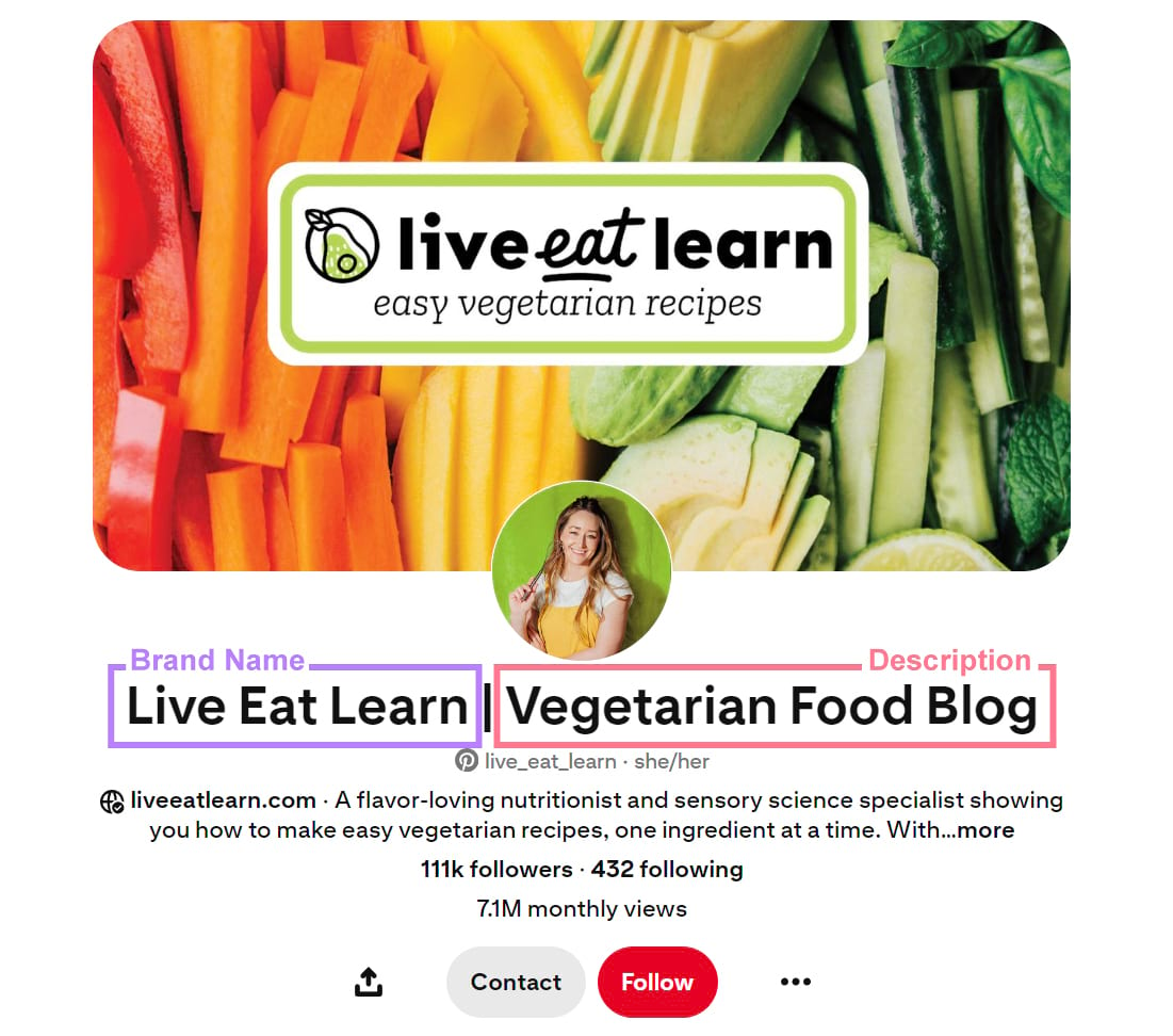 Live Eat Learn Pinterest page showing the brand name and the description.