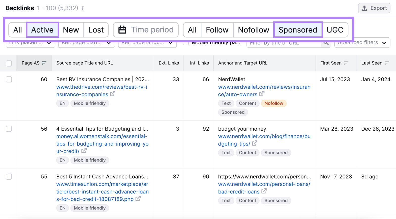 "Active," and "Sponsored" tabs selected nether  "Backlinks" report
