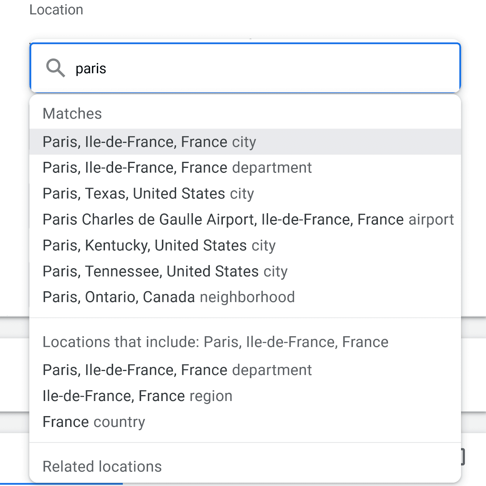 A location search field with text input of "paris" displaying a drop-down list including various related locations.