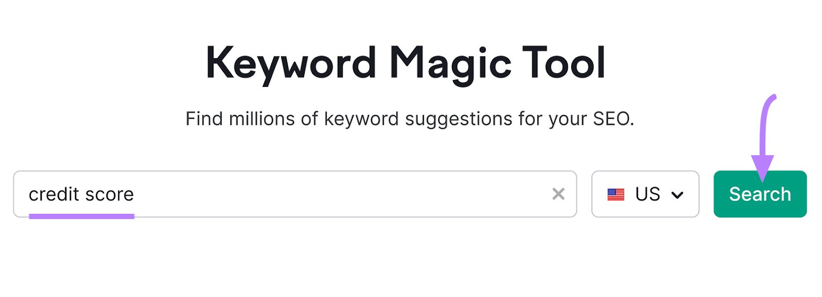 "credit score" entered into the Keyword Magic Tool search bar