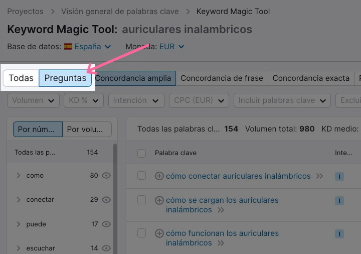 Filtrar por Preguntas en Visión general de palabra clave