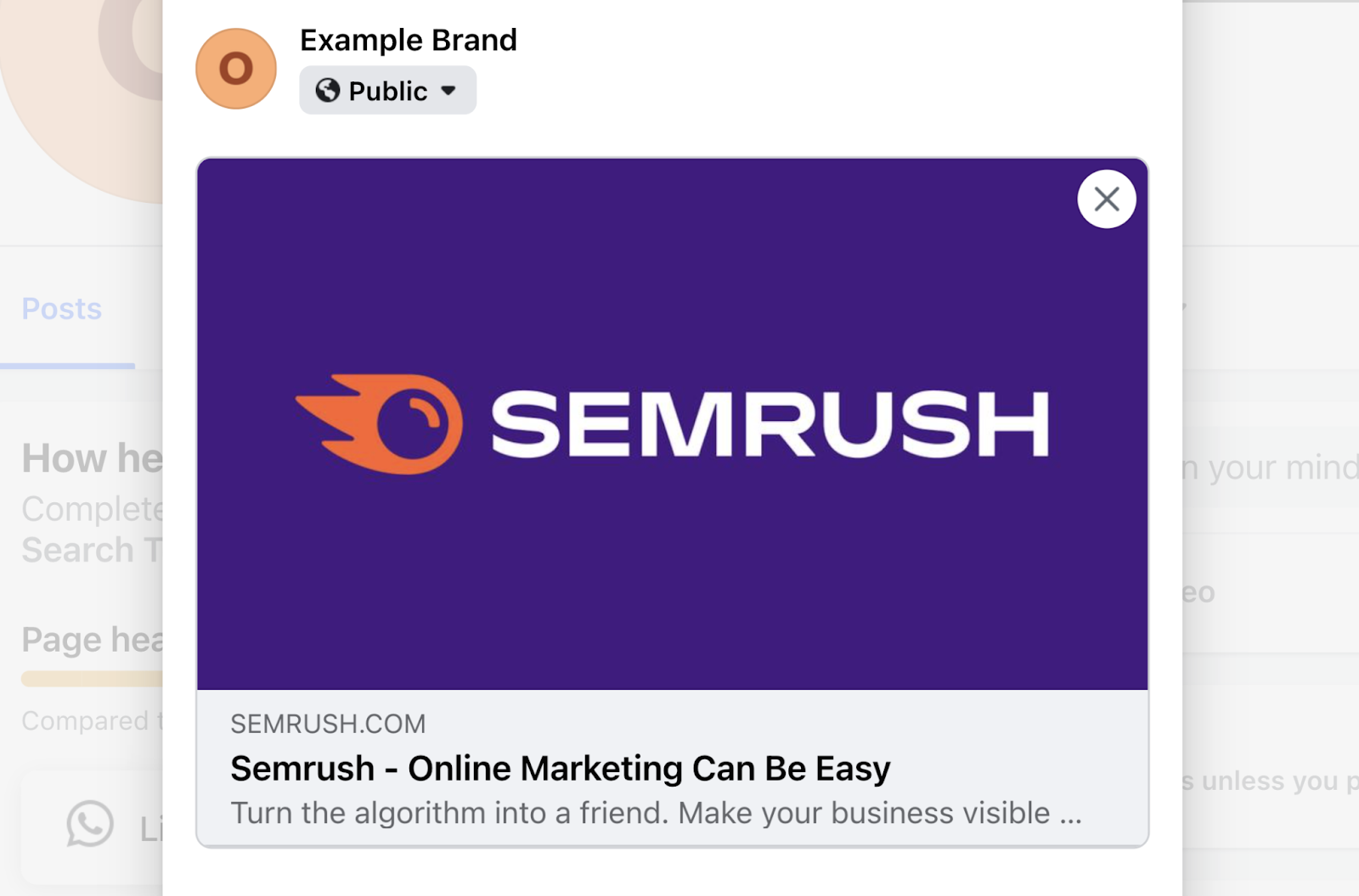 link autopopulates the facebook post with a Semrush logo image, title "Semrush - Online marketing can be easy," and a meta description